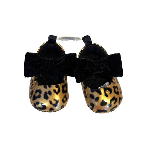 First Steps Gold Leopard Baby Girl Mary Jane Shoes Black Velvet Bows (0-3mo) - Picture 2 of 9